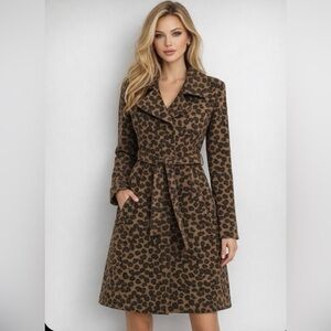FLEURETTE Women’s Wool Cashmere Blend Leopard Coat Winter Warm Career Size 10